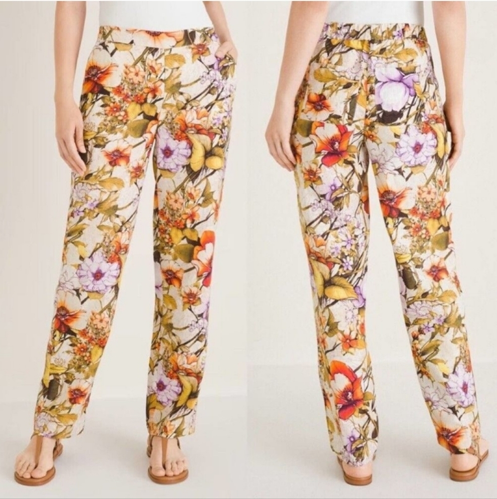 Chico's 100% Linen Elastic Floral Straight Leg Pant 00R